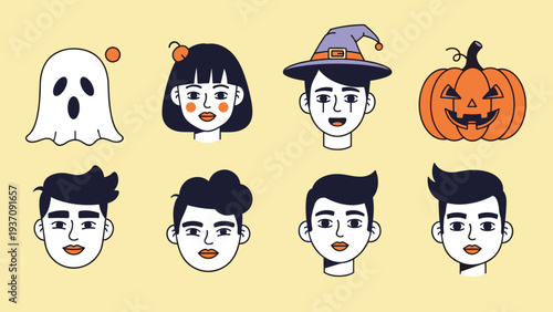 Collection of halloween themed faces including ghosts, pumpkins, and characters in costumes for festive autumn holiday decorations.
