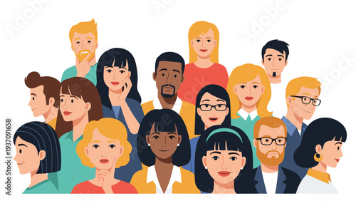 Diverse group of people standing together, representing a multicultural community, team, or society in a flat vector illustration style.