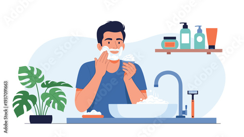 Man applying shaving foam to his face in a bathroom, performing a grooming routine with skincare products on a shelf and a houseplant.