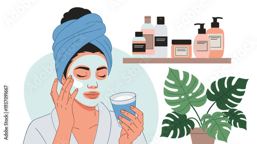 Woman wearing a bathrobe and head towel applies a white facial mask as part of a relaxing skincare and beauty routine at home.