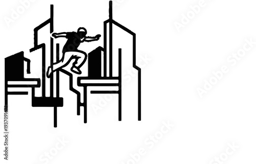 A person jumps between abstract city buildings in a stylized illustration