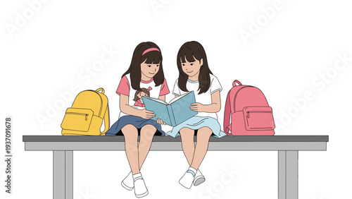 Two young girls sitting on a bench and reading a book together, with colorful backpacks placed beside them in a clean vector illustration.