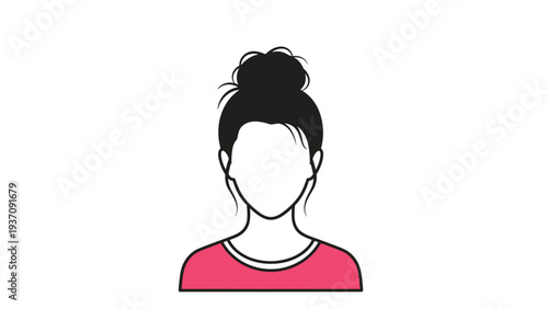 Simple avatar of a woman with her hair in a bun wearing a pink shirt, set against a plain white background in a minimalist vector style.