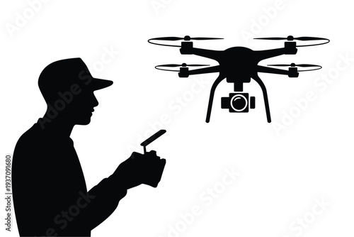 Silhouette of a person operating a drone with a remote controller