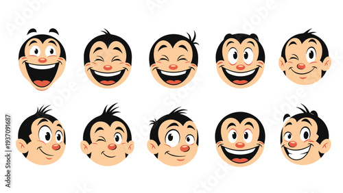 Collection of cartoon faces showing various happy and playful expressions, from winking to wide-mouthed laughter on a white background.