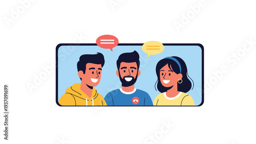 Three people appearing on a smartphone screen for a video call, representing remote communication and virtual social networking services.