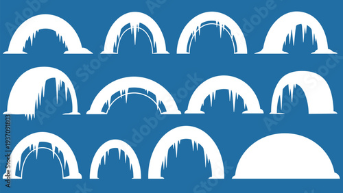 Set of white ice arch silhouettes on a blue background, depicting various frozen entrances, tunnels, or cave openings for winter designs.
