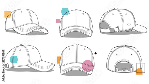 Set of white baseball cap sketches from various angles with colorful accent shapes, providing a modern look for apparel branding ideas.