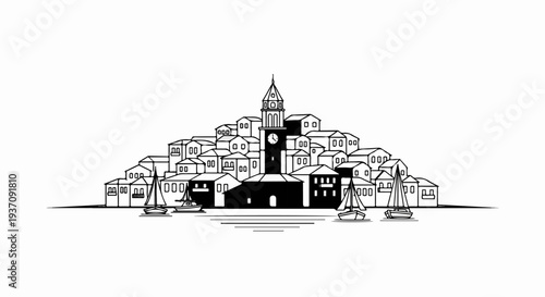 Stylized black and white illustration of a seaside village with sailboats