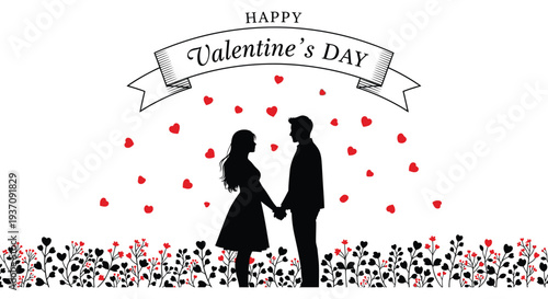 A silhouetted couple holds hands amidst floating hearts and floral decorations for valentine s day high quality