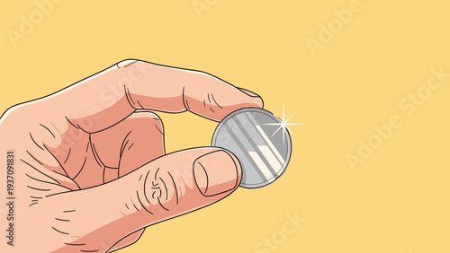 Close-up illustration of a hand holding a shining silver coin against a yellow background, representing wealth, savings, or good luck.