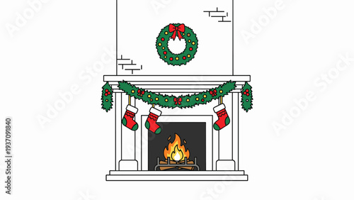 Festive Christmas fireplace decorated with a green wreath, stockings, and garland, featuring a warm fire burning inside the brick hearth.