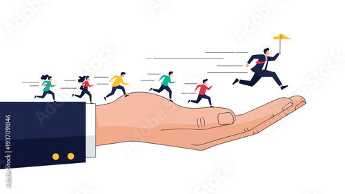 Large hand supporting a group of business people running towards a goal, symbolizing leadership, mentorship, and career growth success.