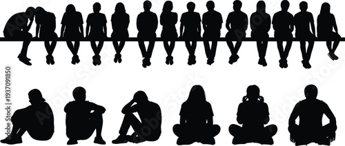 Detailed black silhouette collection of diverse people sitting in a row on a ledge and cross-legged on the floor.