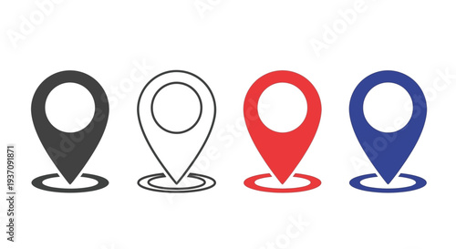 Set of four distinct pin icons solid black, outlined, red, and blue, representing location markers, navigation, and pinpointing on a clean white background, graphic design.
