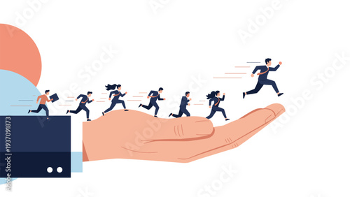 Supportive giant hand helping a diverse group of professionals run forward, illustrating teamwork, guidance, and business success goals.