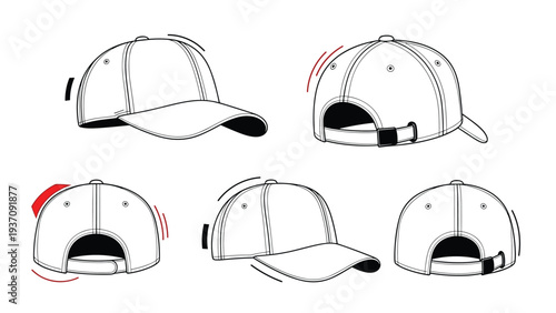 Multiple views of a white baseball cap outline with red and black motion lines, showcasing headwear design and adjustability features.