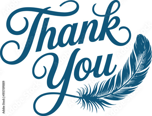 Elegant Teal Thank You Calligraphy Script with Decorative Soft Feather Illustration for Writing and Literary Themed Gratitude Cards