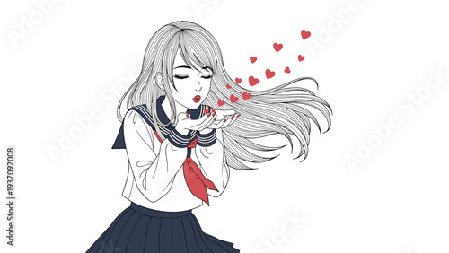 Anime style schoolgirl blows small red hearts from her hands, representing love and affection in a romantic and cute illustration.