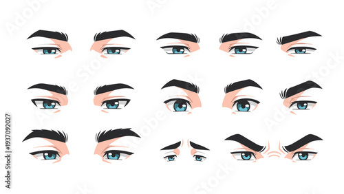 Selection of various male eye expressions in an anime art style shows different moods and emotions for character design inspiration.