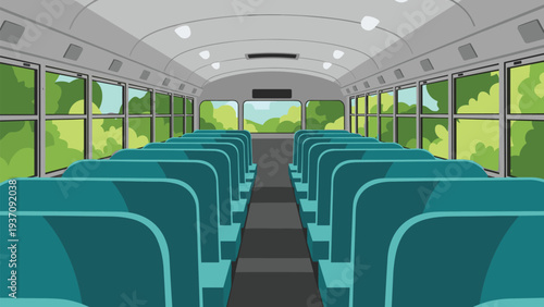 Interior view of an empty bus shows rows of blue seats and large windows looking out onto a green park landscape under a gray roof.