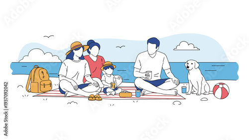 Happy family enjoys a sunny day at the beach with their pet dog while having a picnic on a striped blanket near the ocean waves.