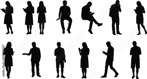 Detailed black silhouette collection of diverse people using mobile phones tablets and reading books while standing sitting and walking.