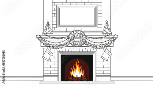 Detailed line art drawing depicts a cozy fireplace decorated with a festive wreath and stockings for the winter holiday season.