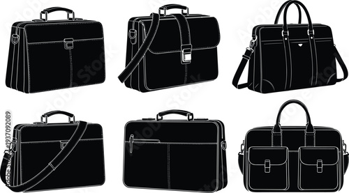 Collection of six black silhouette briefcases and handbags with white outlines messenger bag portfolio
