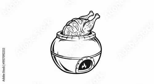 A stylized line drawing of a whole chicken being roasted in a clay pot