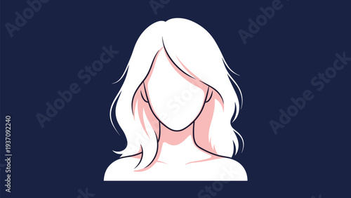 Minimalist portrait of a woman with flowing white hair is set against a dark blue background to create a striking and elegant image.