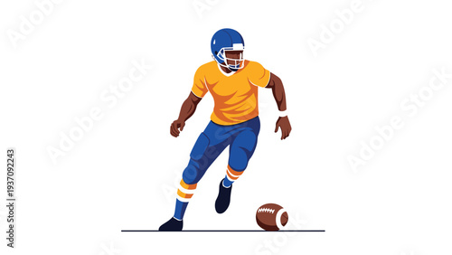 Professional American football player in a yellow jersey and blue helmet runs across a white field, capturing the energy of sport.