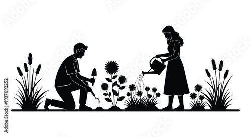 A couple gardening together in a stylized silhouette with sunflowers and various plants high quality professional
