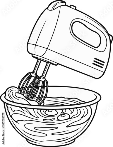Hand mixer whips a creamy mixture in a glass bowl for baking