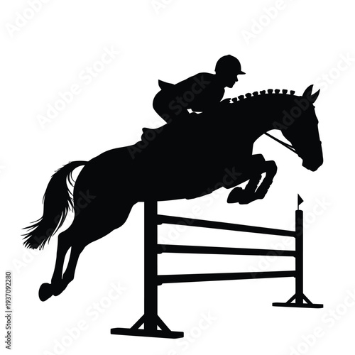 Silhouette of a horse and rider jumping over a fence obstacle