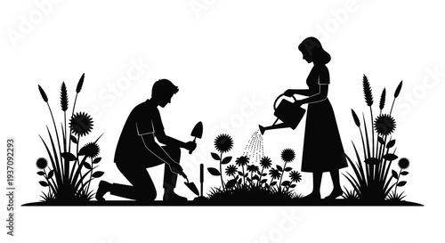 A couple gardening together in a silhouette style tending to flowers and plants high quality professional