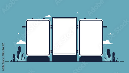 Three blank digital billboard screens stand in a stylized blue landscape, offering a creative space for outdoor advertising designs.