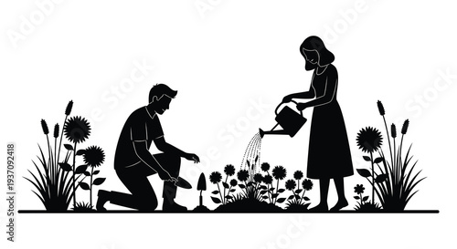 A couple gardens together a woman watering plants while a man tends to the soil