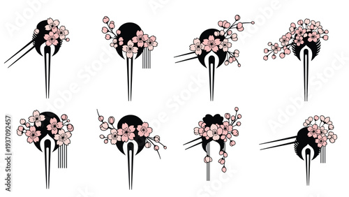 Selection of traditional Japanese hairpins known as kanzashi is decorated with delicate pink cherry blossoms and elegant ornaments.