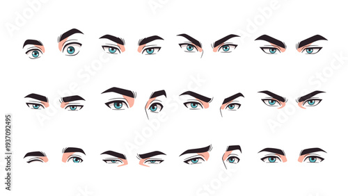 Diverse set of male eye illustrations in an anime style provides artists with various shapes and colors for new character designs.