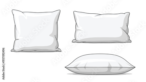 Group of three white pillows is shown from different perspectives, providing a clean set of mockups for bedding or home decor items.