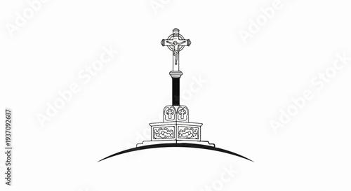 An ornate Celtic cross with Jesus figure, atop a decorative pedestal, on a curved base