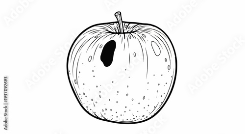 Black and white line drawing of an apple with a dark blemish and small speckles