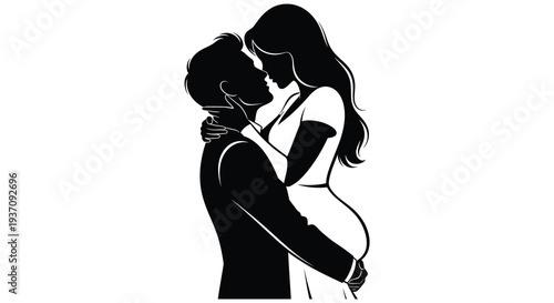 A silhouette of a couple embracing with the woman appearing to be visibly pregnant high quality