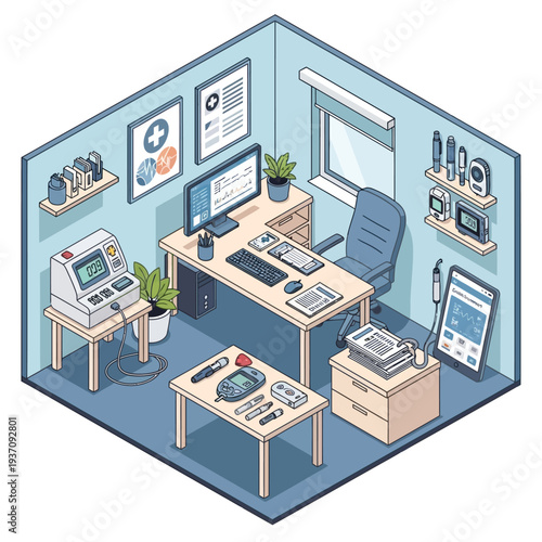 Medical Office Equipment and Supplies Isometric View.