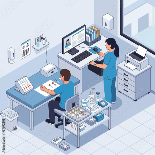 Medical professionals working in a clinic examination room.