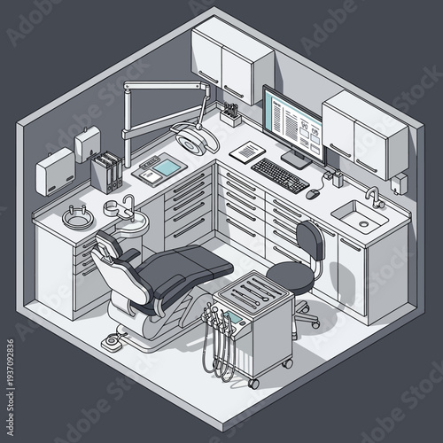 Modern Dental Clinic Examination Room with Equipment.