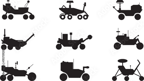 Nine black silhouettes of various rover vehicles on a white background