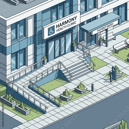 Modern Healthcare Clinic Building Entrance Isometric View.