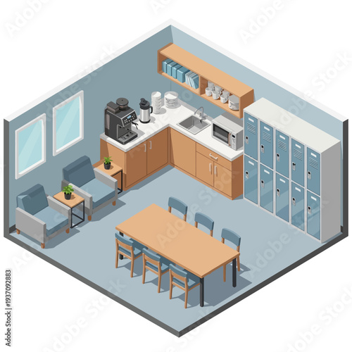 Modern Office Break Room with Kitchenette and Lockers.